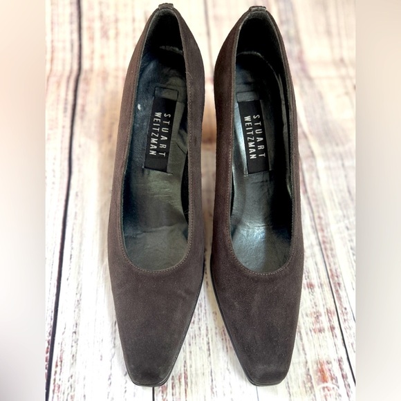 Stuart Weitzman Dark Grey Charcoal Suede Pumps Block Heel 8 Leather Square Toe - Picture 1 of 11
